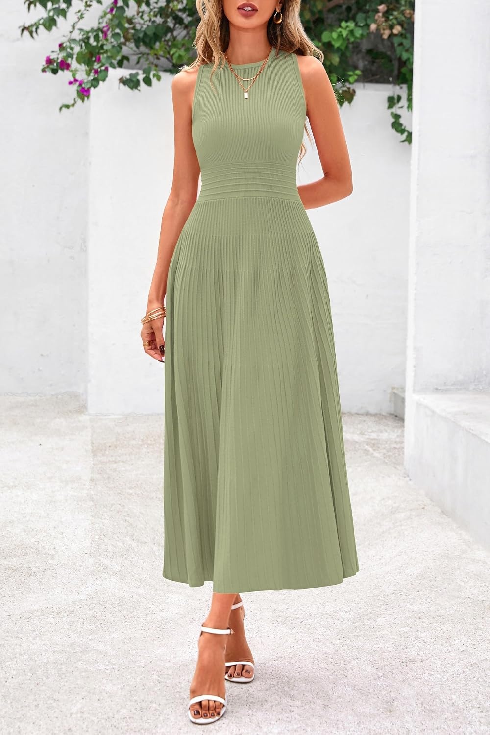 image:imagePRETTYGARDEN Womens Summer Pleated Midi Work Dress Sleeveless A Line Knit Business Dresses Spring Semi Formal Long Dress for Wedding Guest Cocktail Party Teacher OutfitsMist Green