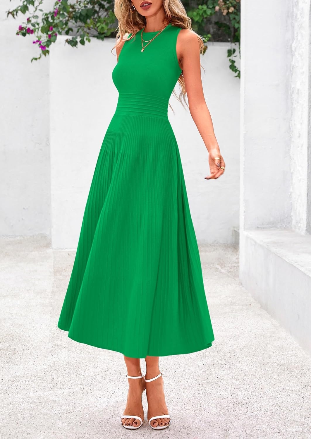 image:imagePRETTYGARDEN Womens Summer Pleated Midi Work Dress Sleeveless A Line Knit Business Dresses Spring Semi Formal Long Dress for Wedding Guest Cocktail Party Teacher OutfitsGreen