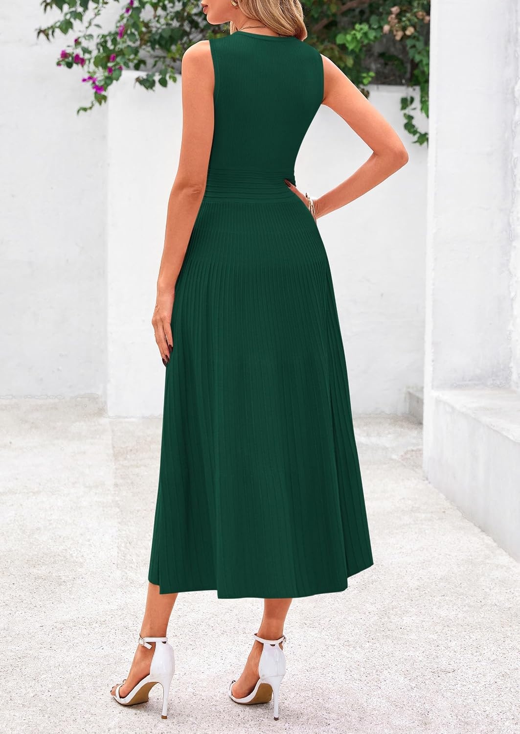 image:imagePRETTYGARDEN Womens Summer Pleated Midi Work Dress Sleeveless A Line Knit Business Dresses Spring Semi Formal Long Dress for Wedding Guest Cocktail Party Teacher OutfitsDark Green