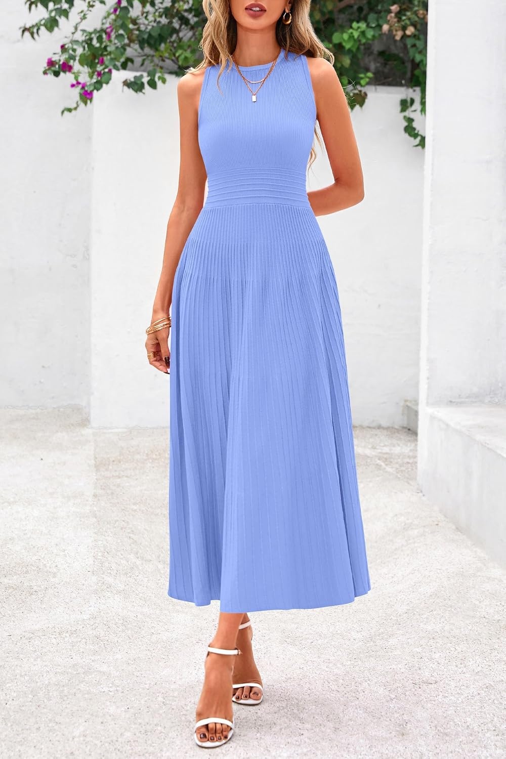 image:imagePRETTYGARDEN Womens Summer Pleated Midi Work Dress Sleeveless A Line Knit Business Dresses Spring Semi Formal Long Dress for Wedding Guest Cocktail Party Teacher OutfitsSky Blue