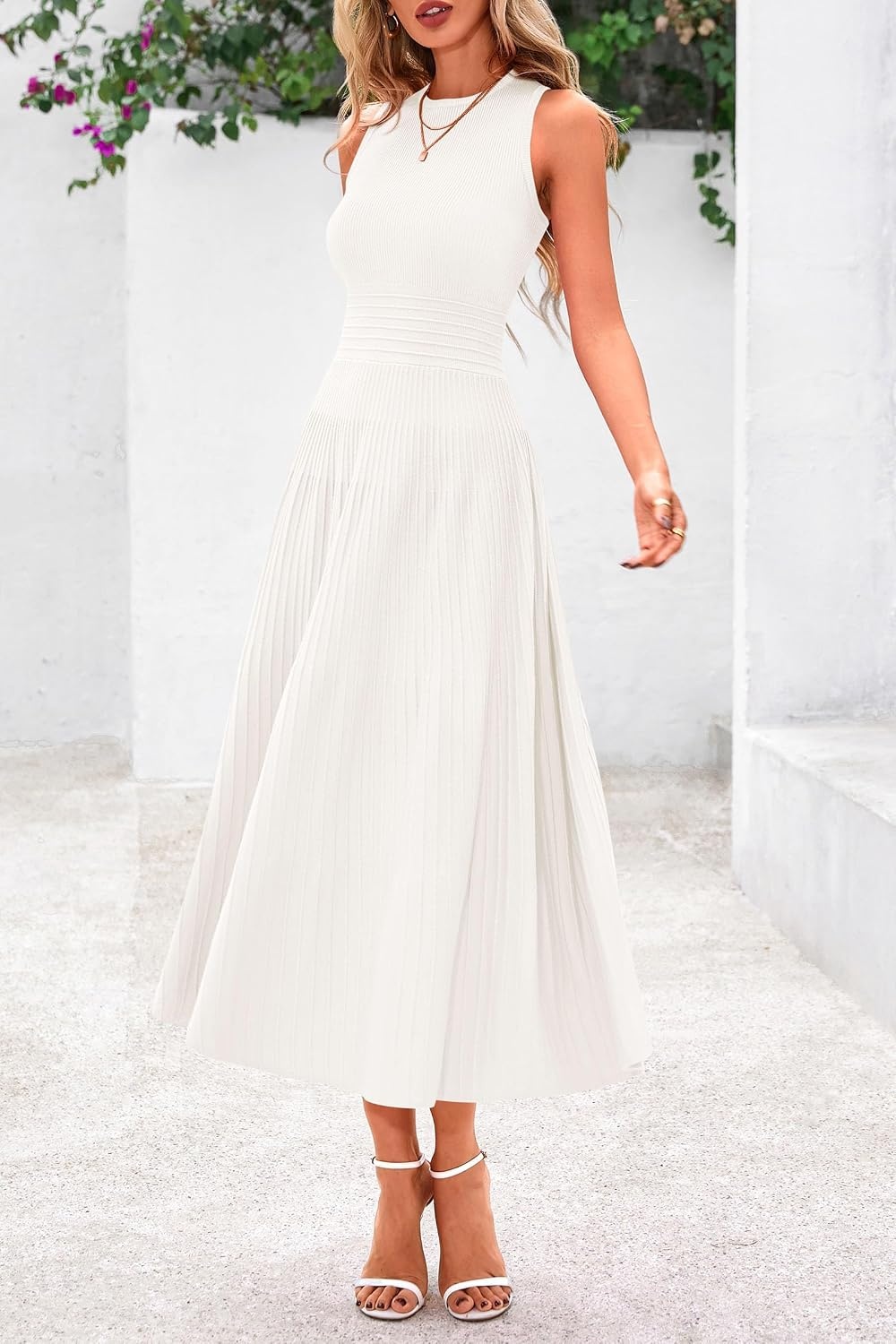 image:imagePRETTYGARDEN Womens Summer Pleated Midi Work Dress Sleeveless A Line Knit Business Dresses Spring Semi Formal Long Dress for Wedding Guest Cocktail Party Teacher OutfitsWhite