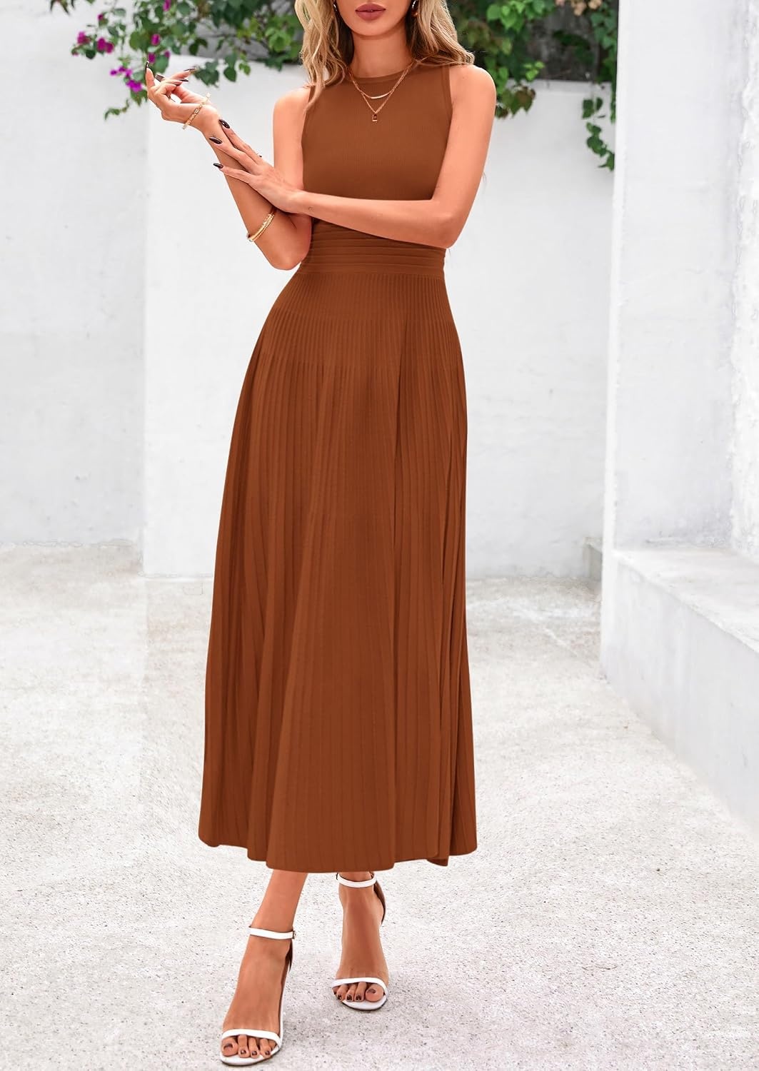 image:imagePRETTYGARDEN Womens Summer Pleated Midi Work Dress Sleeveless A Line Knit Business Dresses Spring Semi Formal Long Dress for Wedding Guest Cocktail Party Teacher OutfitsCaramel