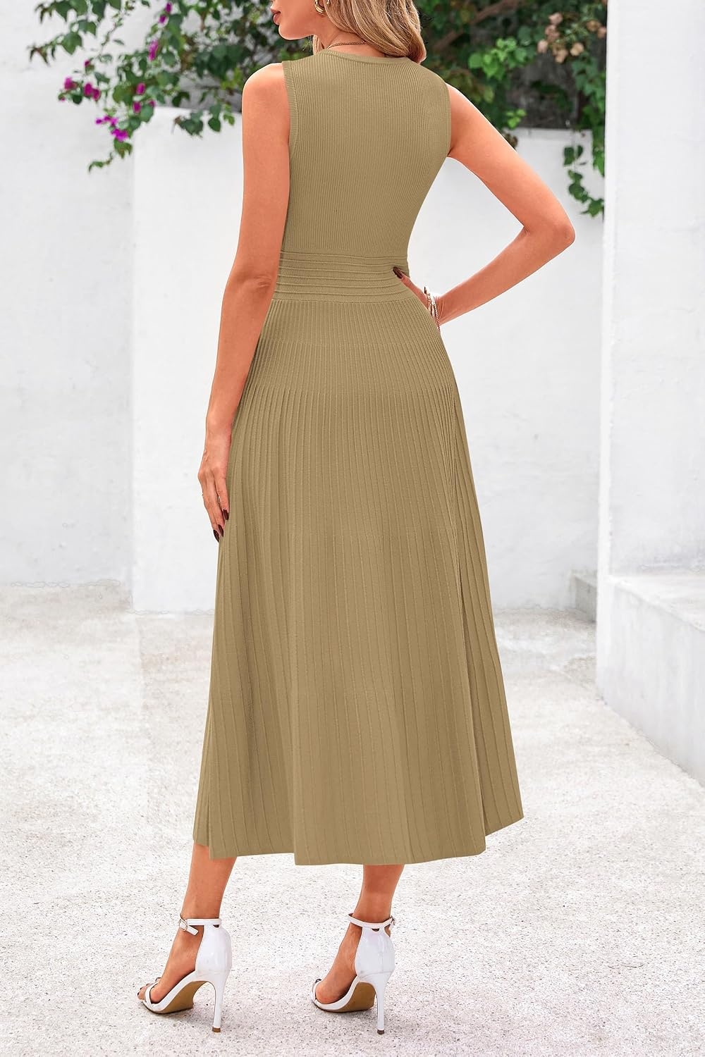 image:imagePRETTYGARDEN Womens Summer Pleated Midi Work Dress Sleeveless A Line Knit Business Dresses Spring Semi Formal Long Dress for Wedding Guest Cocktail Party Teacher OutfitsCamel