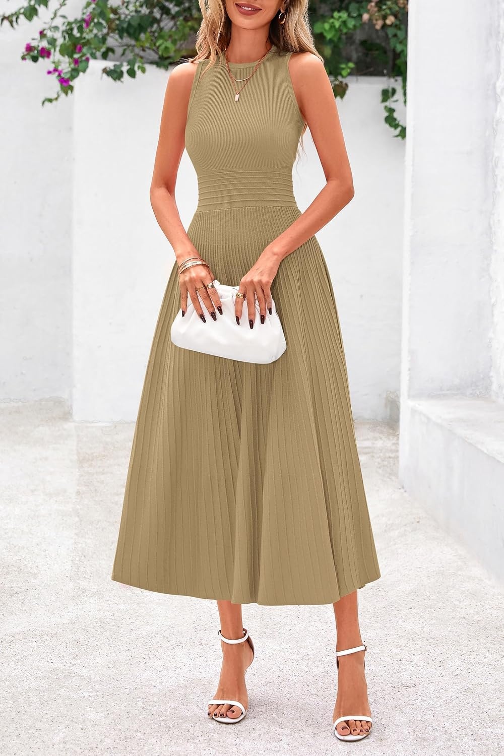 image:imagePRETTYGARDEN Womens Summer Pleated Midi Work Dress Sleeveless A Line Knit Business Dresses Spring Semi Formal Long Dress for Wedding Guest Cocktail Party Teacher OutfitsCamel