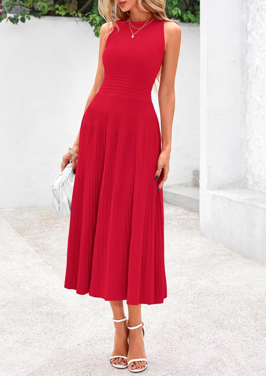 image:imagePRETTYGARDEN Womens Summer Pleated Midi Work Dress Sleeveless A Line Knit Business Dresses Spring Semi Formal Long Dress for Wedding Guest Cocktail Party Teacher OutfitsRed