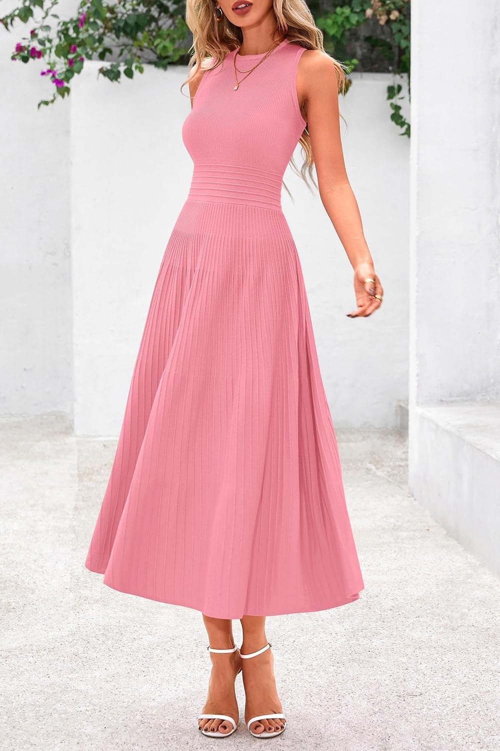 image:imagePRETTYGARDEN Womens Summer Pleated Midi Work Dress Sleeveless A Line Knit Business Dresses Spring Semi Formal Long Dress for Wedding Guest Cocktail Party Teacher OutfitsPink