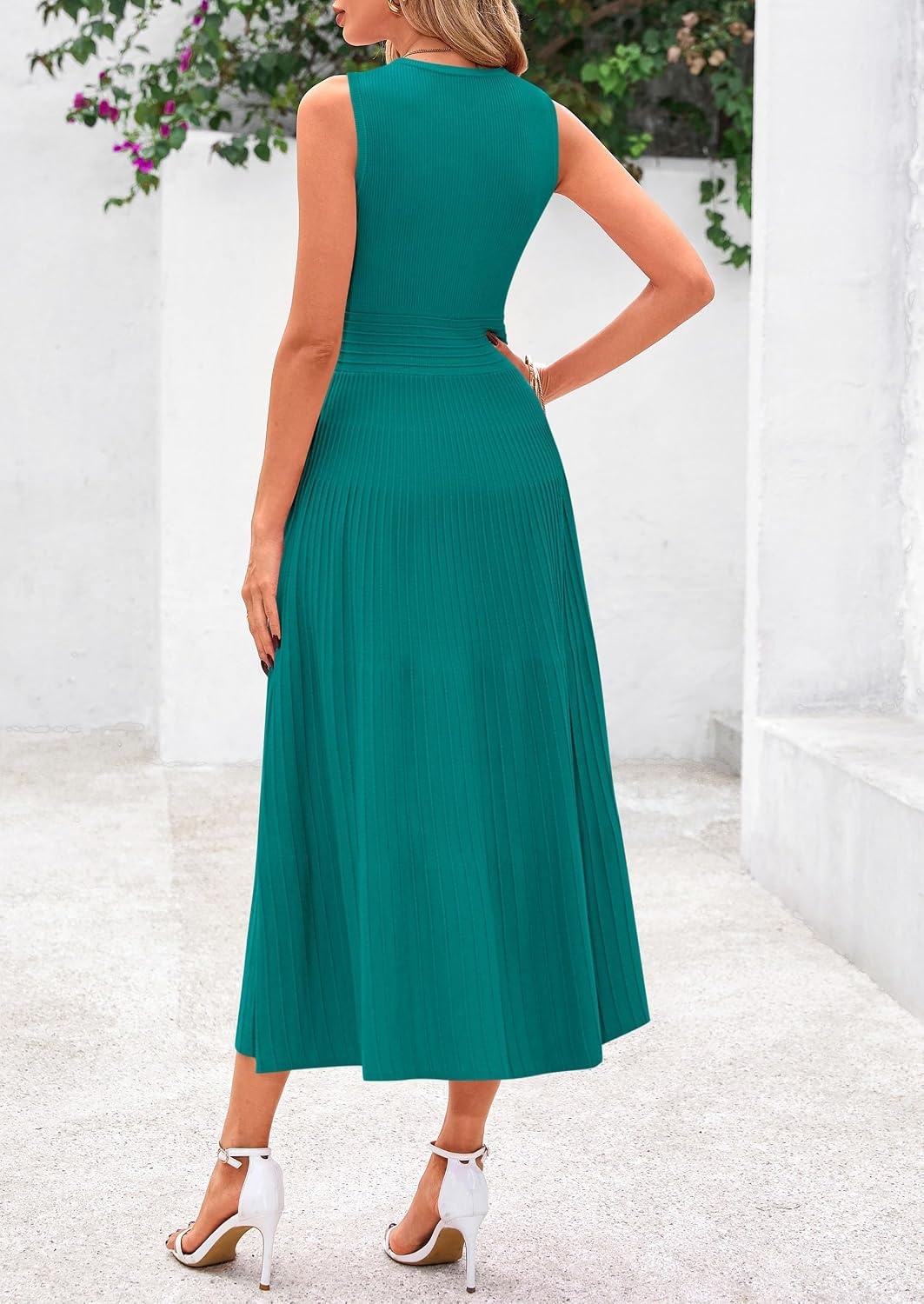 image:imagePRETTYGARDEN Womens Summer Pleated Midi Work Dress Sleeveless A Line Knit Business Dresses Spring Semi Formal Long Dress for Wedding Guest Cocktail Party Teacher OutfitsBlue Green