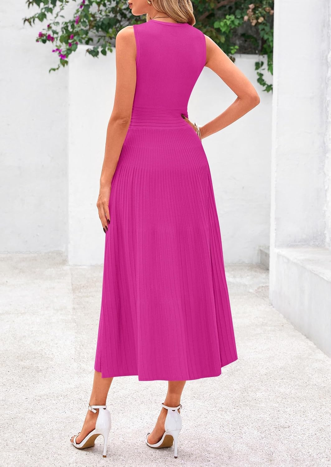 image:imagePRETTYGARDEN Womens Summer Pleated Midi Work Dress Sleeveless A Line Knit Business Dresses Spring Semi Formal Long Dress for Wedding Guest Cocktail Party Teacher OutfitsRose