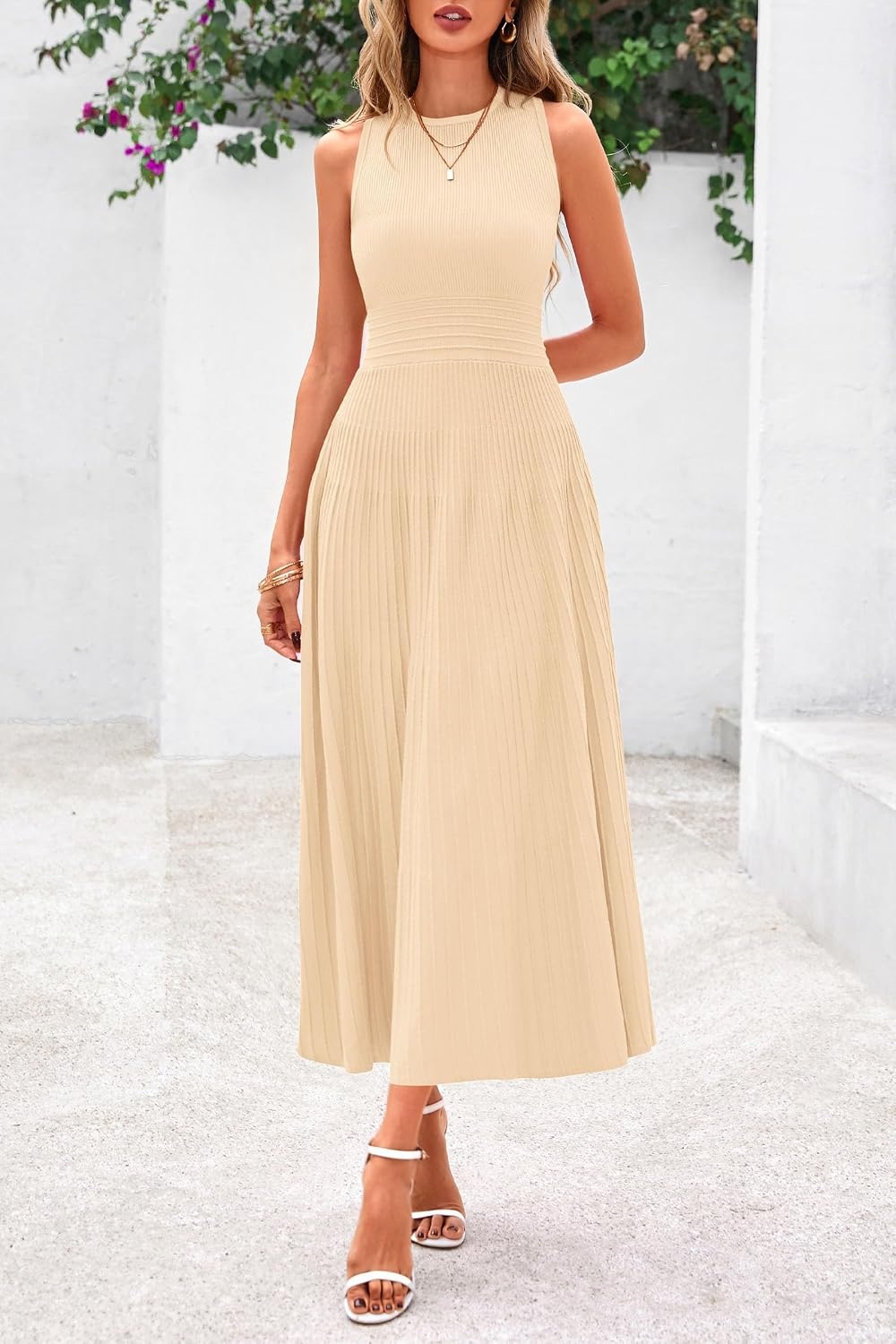 image:imagePRETTYGARDEN Womens Summer Pleated Midi Work Dress Sleeveless A Line Knit Business Dresses Spring Semi Formal Long Dress for Wedding Guest Cocktail Party Teacher OutfitsApricot