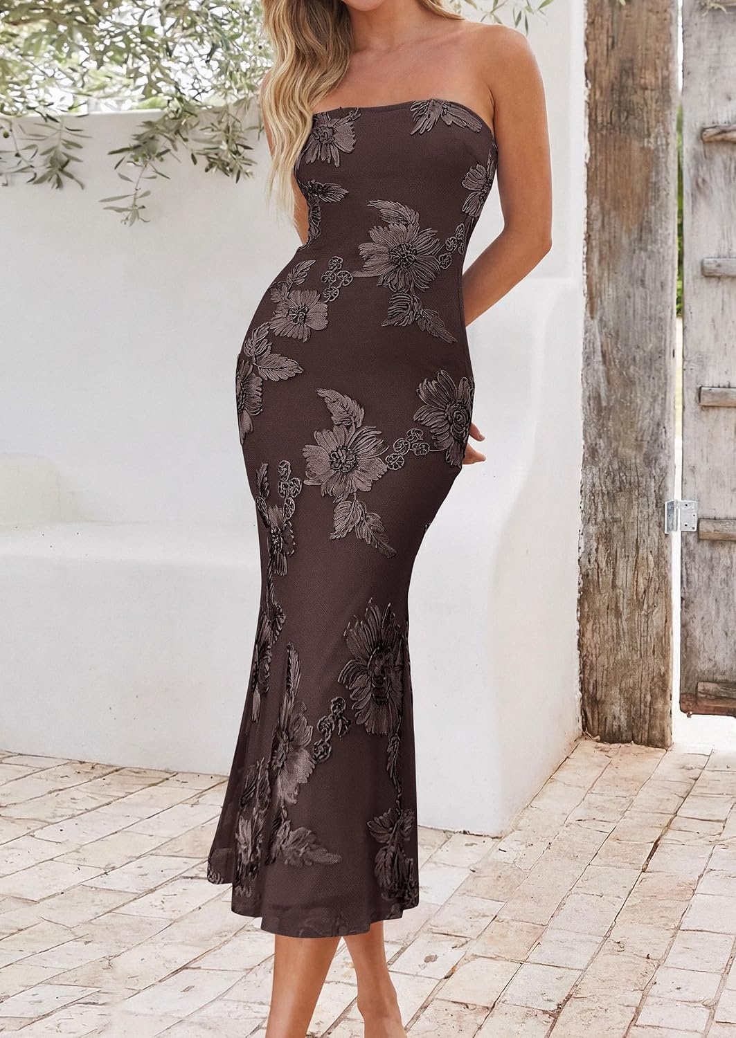 image:imagePRETTYGARDEN Womens Summer Wedding Guest Floral Midi Dress Strapless Tube Top Side Slit Bodycon Mesh Elegant Cocktail Dresses for Homecoming Party Birthday Dinner Formal GownsCoffee