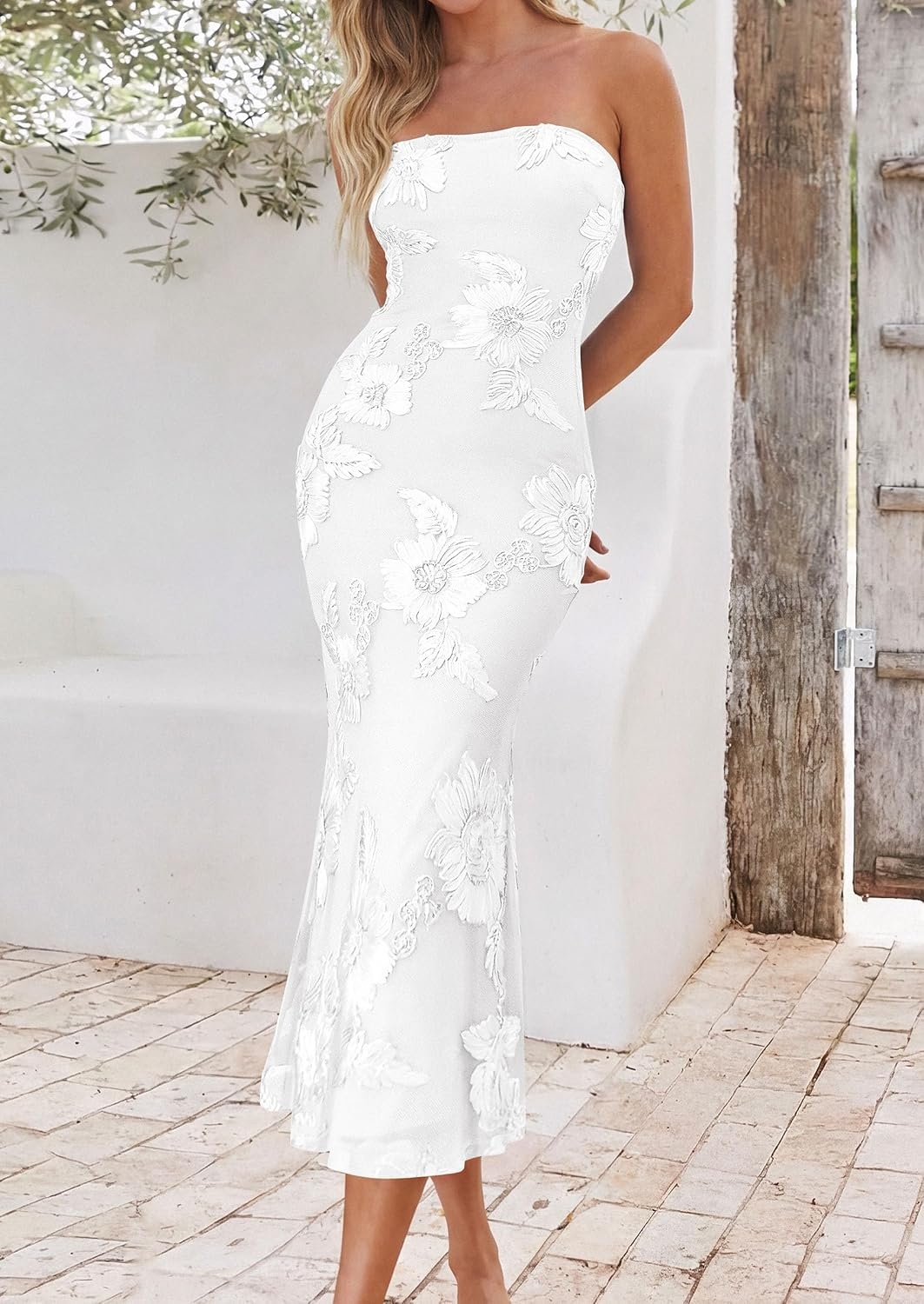 image:imagePRETTYGARDEN Womens Summer Wedding Guest Floral Midi Dress Strapless Tube Top Side Slit Bodycon Mesh Elegant Cocktail Dresses for Homecoming Party Birthday Dinner Formal GownsWhite