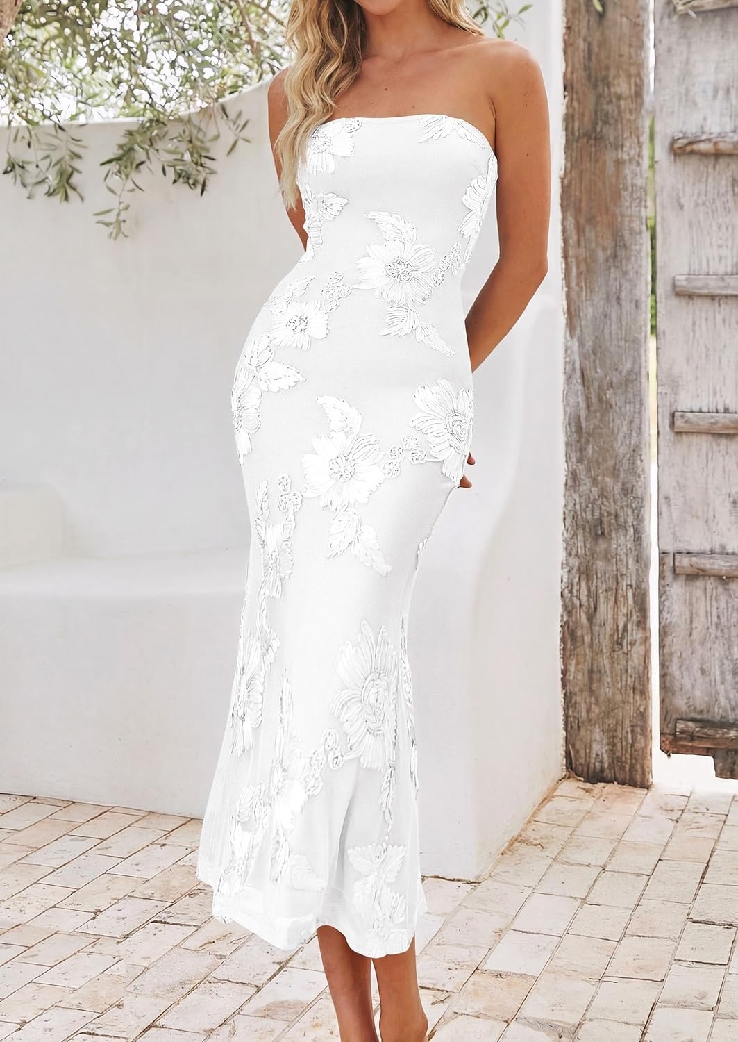 image:imagePRETTYGARDEN Womens Summer Wedding Guest Floral Midi Dress Strapless Tube Top Side Slit Bodycon Mesh Elegant Cocktail Dresses for Homecoming Party Birthday Dinner Formal GownsWhite