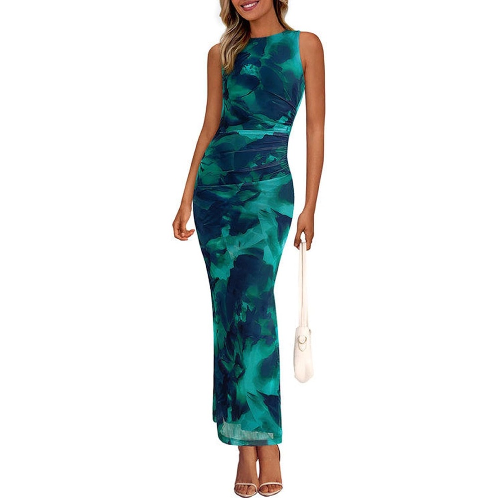 image:imagePRETTYGARDEN Womens Summer Formal Floral Maxi Dress Sleeveless Ruched Bodycon Mesh Long Dresses Elegant Spring Dress for Wedding Guest Bridal Shower Cocktail Party VacationLake Blue Floral