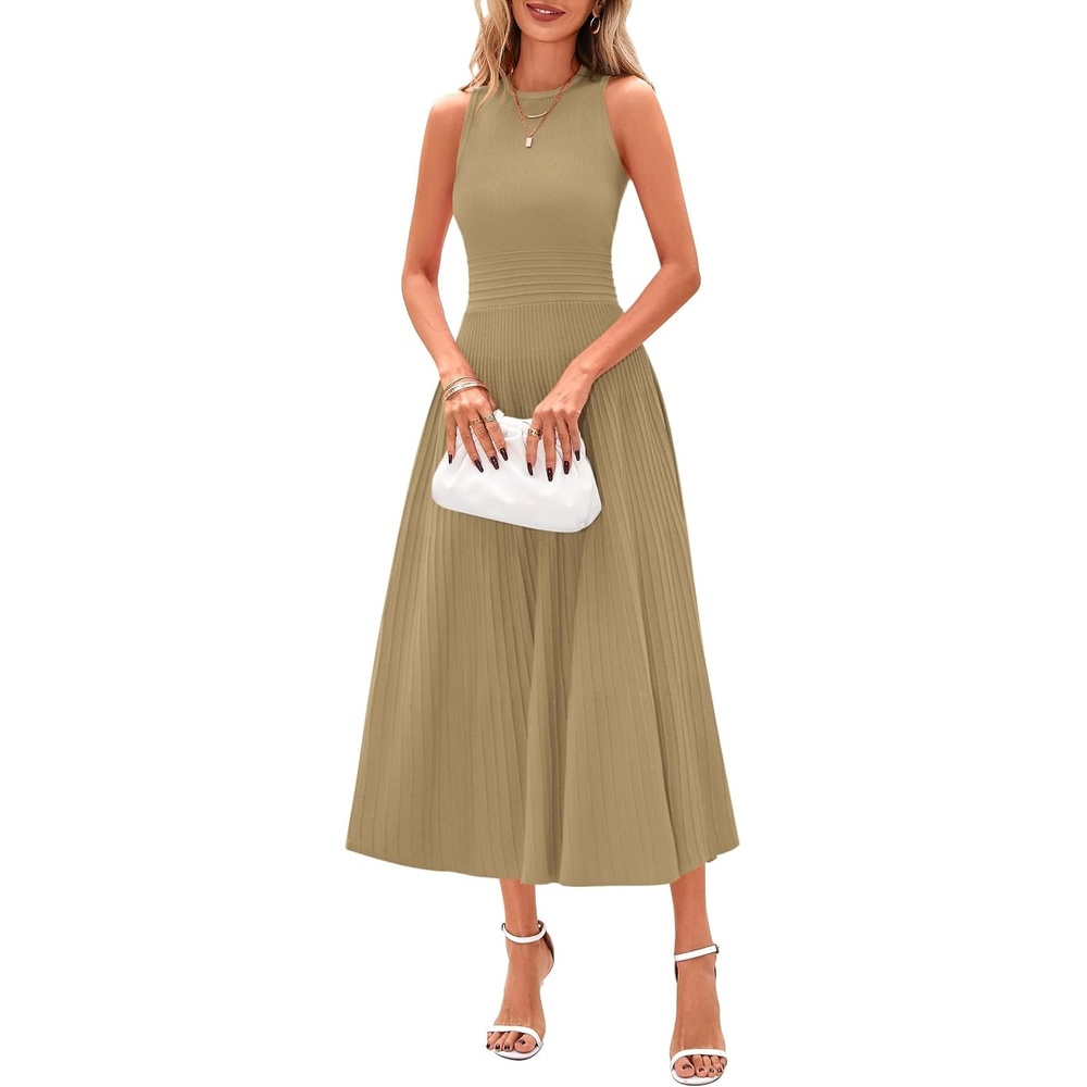 image:imagePRETTYGARDEN Womens Summer Pleated Midi Work Dress Sleeveless A Line Knit Business Dresses Spring Semi Formal Long Dress for Wedding Guest Cocktail Party Teacher OutfitsCamel
