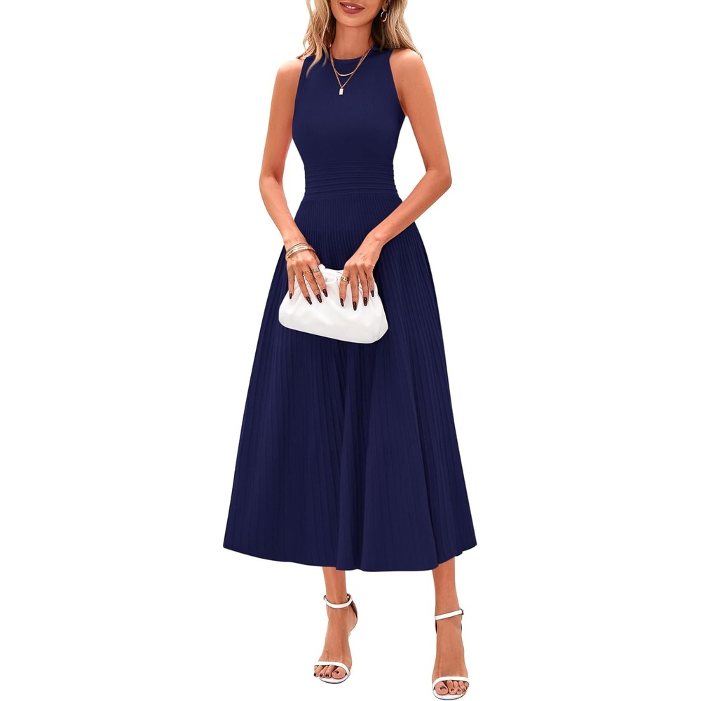 image:imagePRETTYGARDEN Womens Summer Pleated Midi Work Dress Sleeveless A Line Knit Business Dresses Spring Semi Formal Long Dress for Wedding Guest Cocktail Party Teacher OutfitsNavy