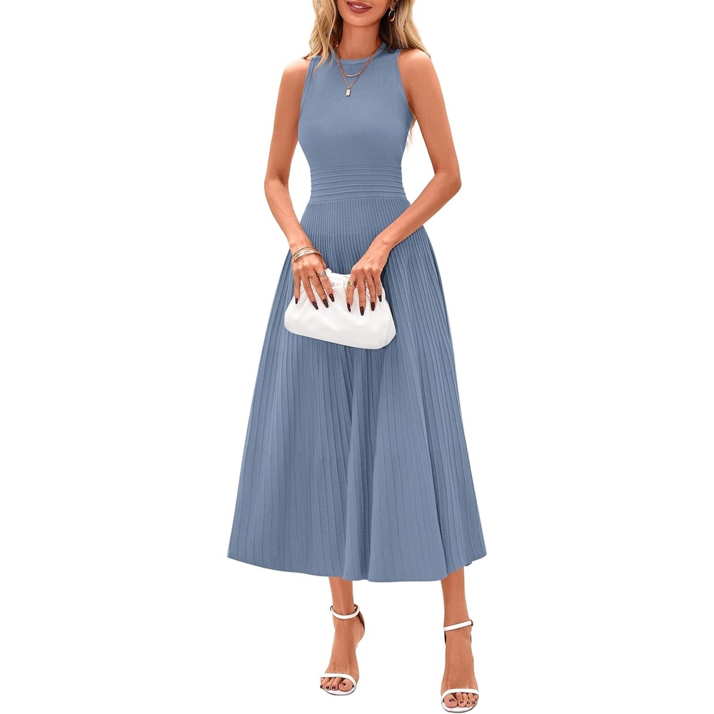 image:imagePRETTYGARDEN Womens Summer Pleated Midi Work Dress Sleeveless A Line Knit Business Dresses Spring Semi Formal Long Dress for Wedding Guest Cocktail Party Teacher OutfitsBlue Grey