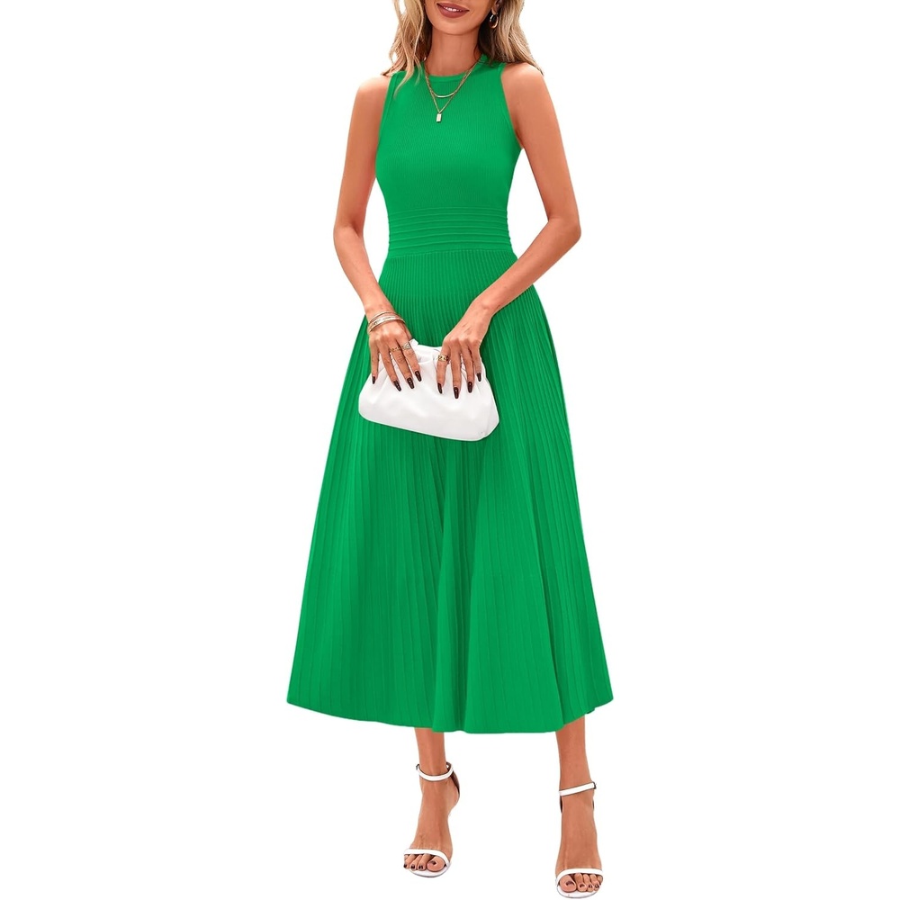image:imagePRETTYGARDEN Womens Summer Pleated Midi Work Dress Sleeveless A Line Knit Business Dresses Spring Semi Formal Long Dress for Wedding Guest Cocktail Party Teacher OutfitsGreen