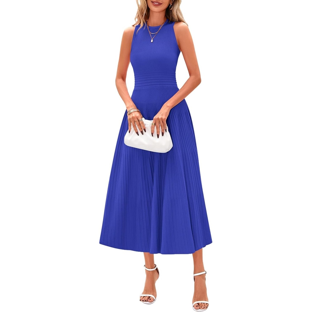 image:imagePRETTYGARDEN Womens Summer Pleated Midi Work Dress Sleeveless A Line Knit Business Dresses Spring Semi Formal Long Dress for Wedding Guest Cocktail Party Teacher OutfitsBrilliant Blue