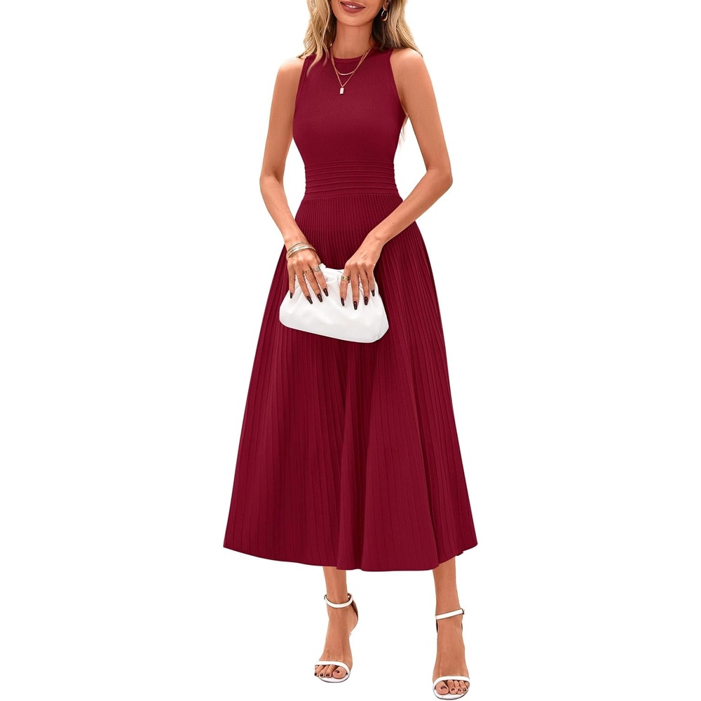 image:imagePRETTYGARDEN Womens Summer Pleated Midi Work Dress Sleeveless A Line Knit Business Dresses Spring Semi Formal Long Dress for Wedding Guest Cocktail Party Teacher OutfitsBurgundy