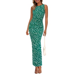 PRETTYGARDEN Women’s Summer Formal Floral Maxi Dress | Sleeveless Ruched Bodycon Mesh Long Dresses, Elegant Spring Dress for Wedding Guest, Bridal Shower, Cocktail Party, Vacation(Dot Green)