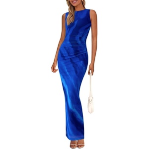 PRETTYGARDEN Women’s Summer Formal Floral Maxi Dress | Sleeveless Ruched Bodycon Mesh Long Dresses, Elegant Spring Dress for Wedding Guest, Bridal Shower, Cocktail Party, Vacation(Blue Watercolour)