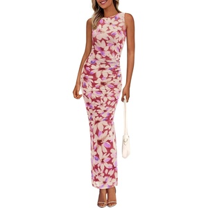 PRETTYGARDEN Women’s Summer Formal Floral Maxi Dress | Sleeveless Ruched Bodycon Mesh Long Dresses, Elegant Spring Dress for Wedding Guest, Bridal Shower, Cocktail Party, Vacation(Floral Brown Beige)