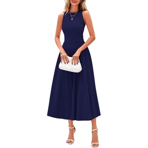 PRETTYGARDEN Women’s Summer Pleated Midi Work Dress | Sleeveless A Line Knit Business Dresses, Spring Semi Formal Long Dress for Wedding Guest, Cocktail Party, Teacher Outfits(Navy)