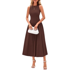 PRETTYGARDEN Women’s Summer Pleated Midi Work Dress | Sleeveless A Line Knit Business Dresses, Spring Semi Formal Long Dress for Wedding Guest, Cocktail Party, Teacher Outfits(Brown)