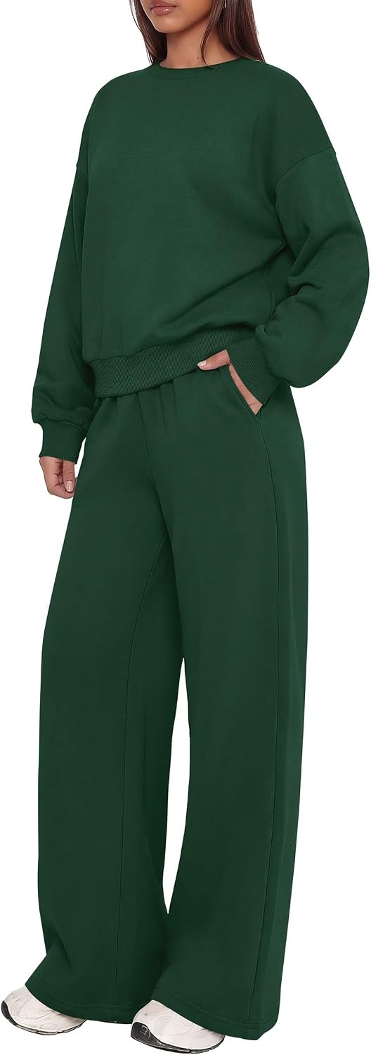 image:imagePRETTYGARDEN 2 Piece Lounge Sets for Women Casual Sweatsuits Soft Fleece LiningCrew Neck Oversized Sweatshirt amp Wide Leg PantsWorkout Airport Matching Set TracksuitFall Winter OutfitsDark Green
