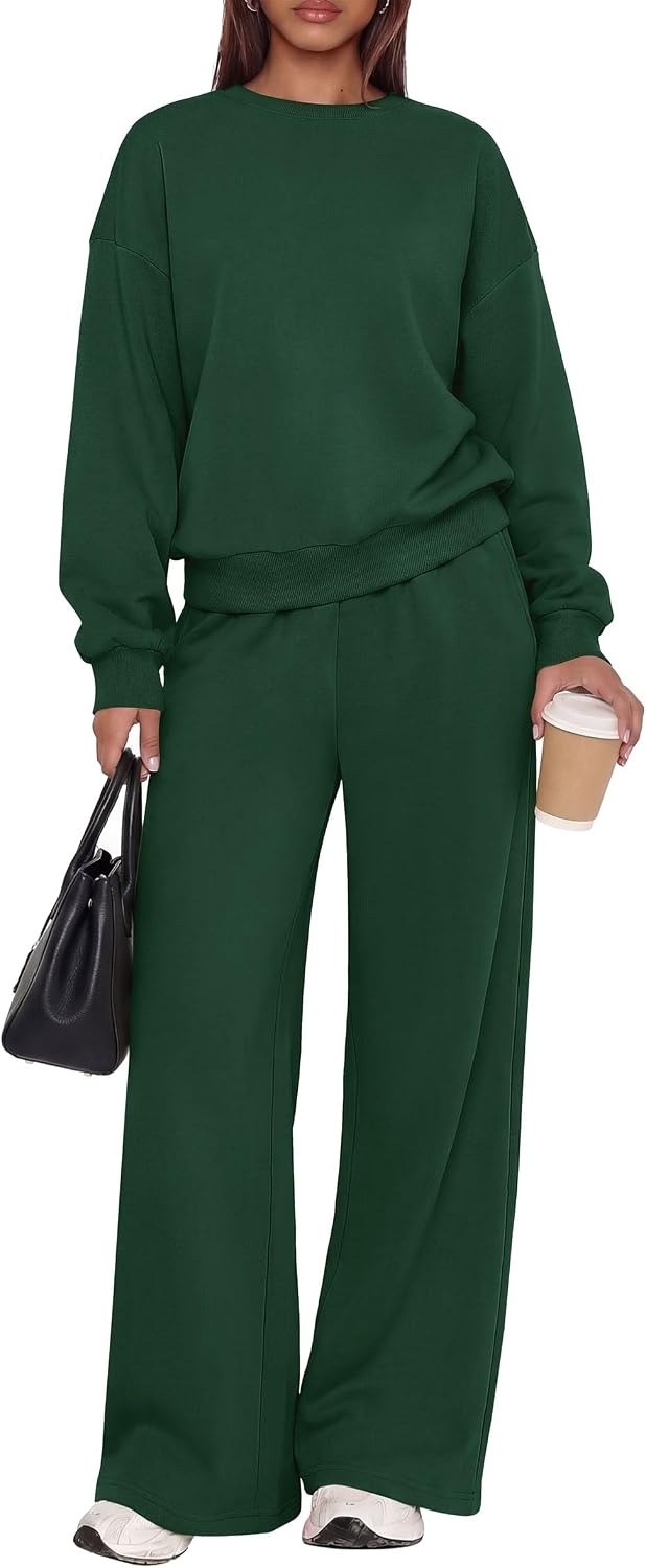 image:imagePRETTYGARDEN 2 Piece Lounge Sets for Women Casual Sweatsuits Soft Fleece LiningCrew Neck Oversized Sweatshirt amp Wide Leg PantsWorkout Airport Matching Set TracksuitFall Winter OutfitsDark Green