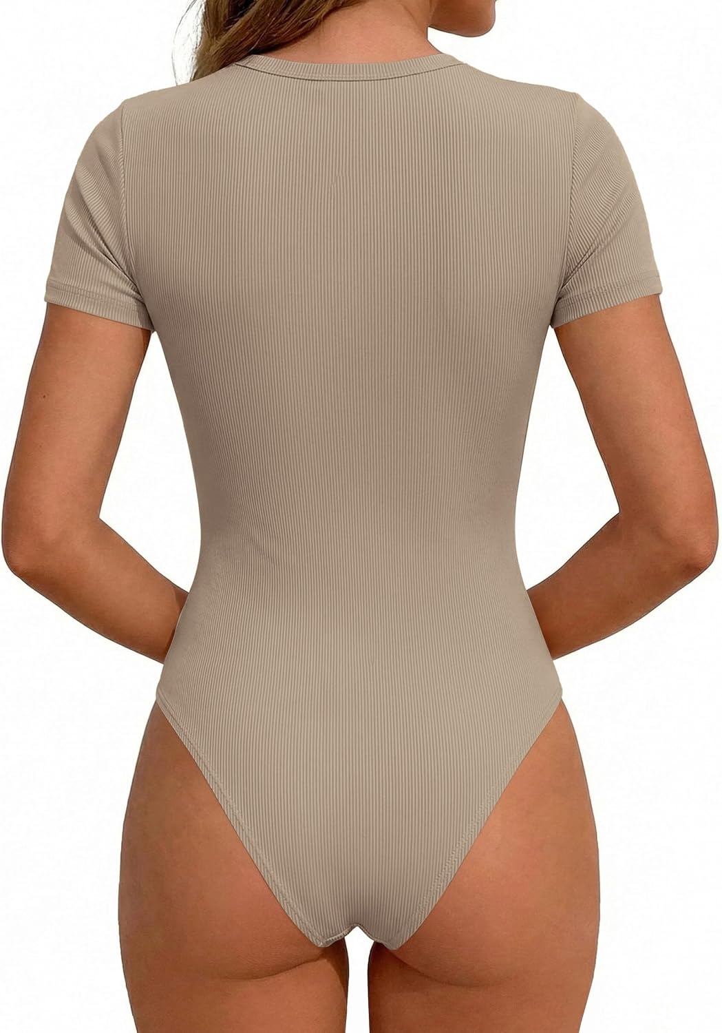 image:imagePRETTYGARDEN Body Suits for Womens Short Sleeve Summer Tops Stretchy Ribbed Knit Bodysuit Slim Fit Basic Tee Casual T Shirts Spring Layering Clothes for Office Going Out TravelLight Khaki