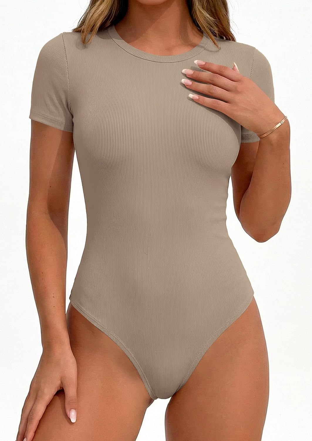 image:imagePRETTYGARDEN Body Suits for Womens Short Sleeve Summer Tops Stretchy Ribbed Knit Bodysuit Slim Fit Basic Tee Casual T Shirts Spring Layering Clothes for Office Going Out TravelLight Khaki