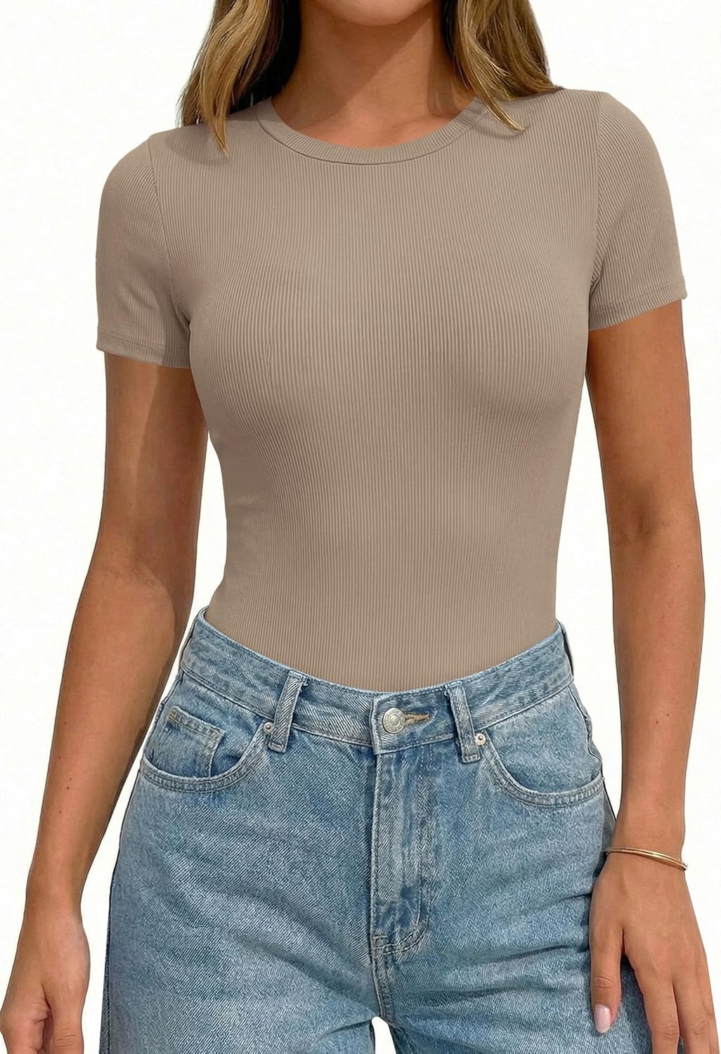 image:imagePRETTYGARDEN Body Suits for Womens Short Sleeve Summer Tops Stretchy Ribbed Knit Bodysuit Slim Fit Basic Tee Casual T Shirts Spring Layering Clothes for Office Going Out TravelLight Khaki
