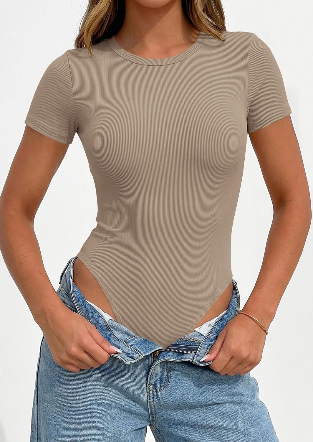 image:imagePRETTYGARDEN Body Suits for Womens Short Sleeve Summer Tops Stretchy Ribbed Knit Bodysuit Slim Fit Basic Tee Casual T Shirts Spring Layering Clothes for Office Going Out TravelLight Khaki