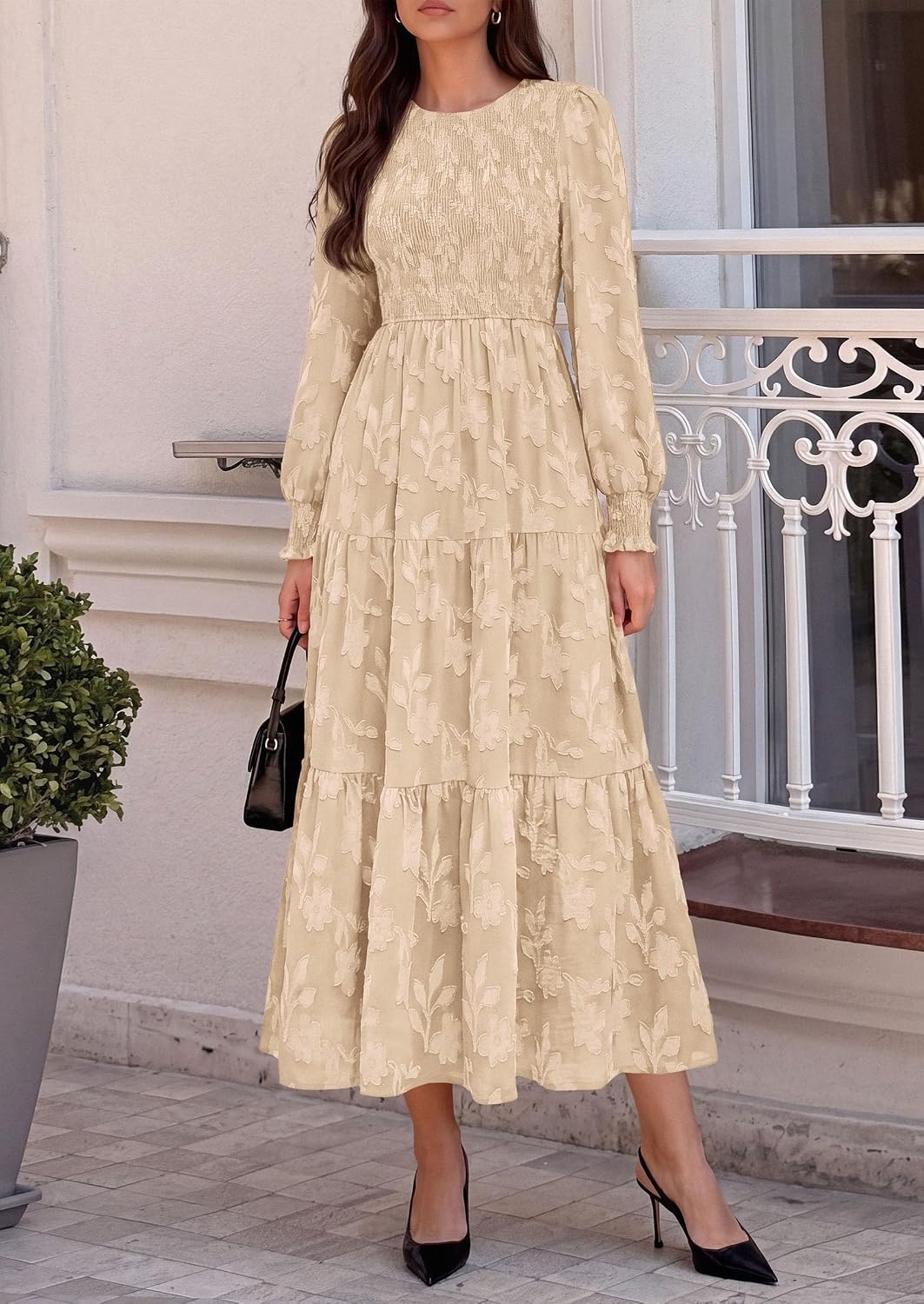 image:imagePRETTYGARDEN Fall Floral Long Sleeve Wedding Guest Dress for Women Pockets Casual Textured Jacquard Smocked High Waist Aline Boho Flowy Midi Dress Semi Formal Cocktail Dresses for Women 2026Khaki