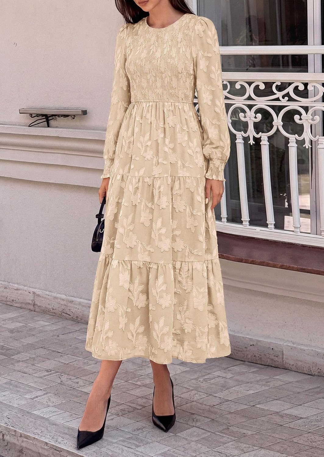 image:imagePRETTYGARDEN Fall Floral Long Sleeve Wedding Guest Dress for Women Pockets Casual Textured Jacquard Smocked High Waist Aline Boho Flowy Midi Dress Semi Formal Cocktail Dresses for Women 2026Khaki
