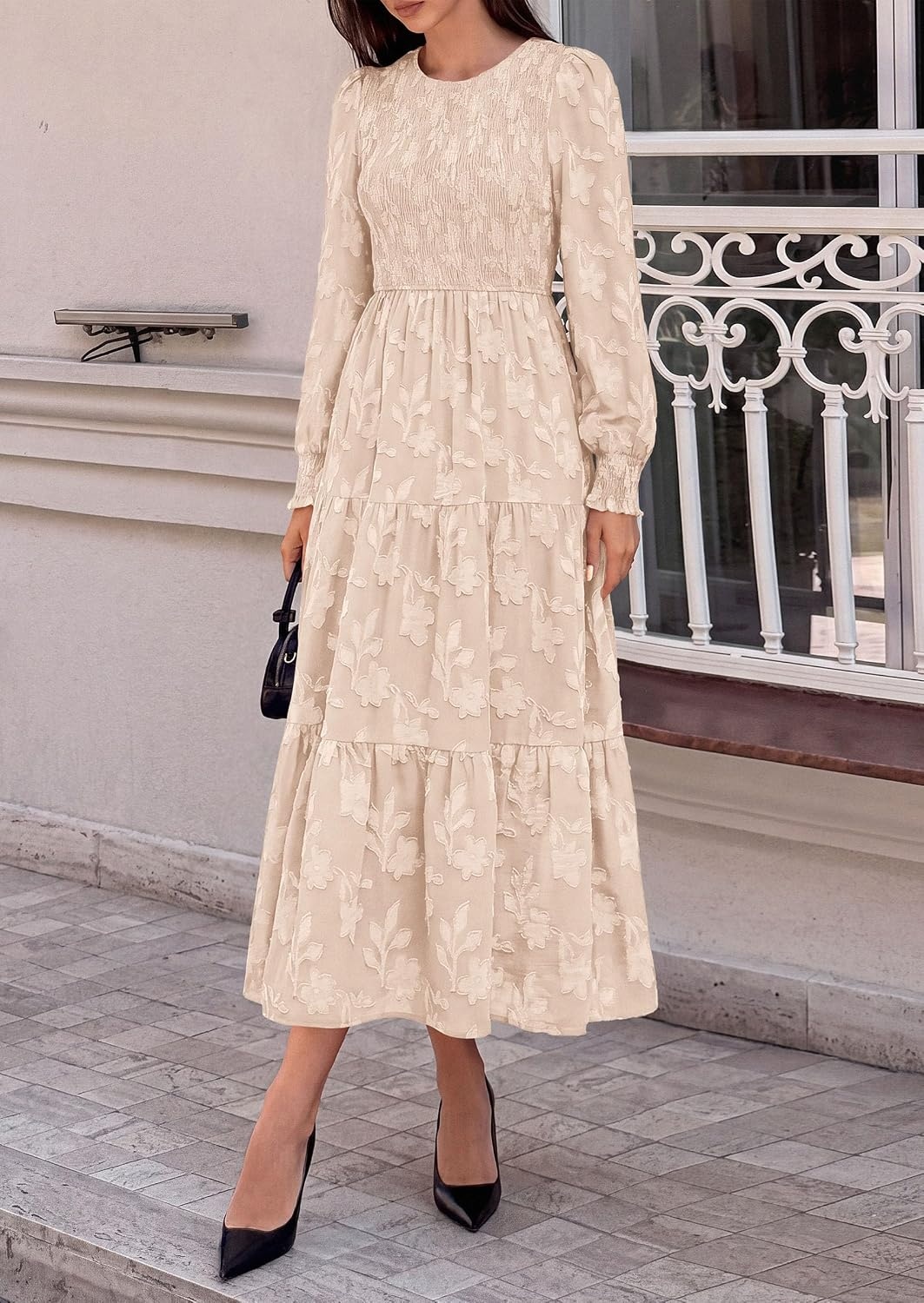 image:imagePRETTYGARDEN Fall Floral Long Sleeve Wedding Guest Dress for Women Pockets Casual Textured Jacquard Smocked High Waist Aline Boho Flowy Midi Dress Semi Formal Cocktail Dresses for Women 2026Beige