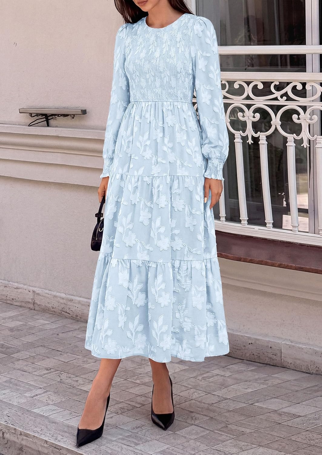 image:imagePRETTYGARDEN Fall Floral Long Sleeve Wedding Guest Dress for Women Pockets Casual Textured Jacquard Smocked High Waist Aline Boho Flowy Midi Dress Semi Formal Cocktail Dresses for Women 2026Light Blue