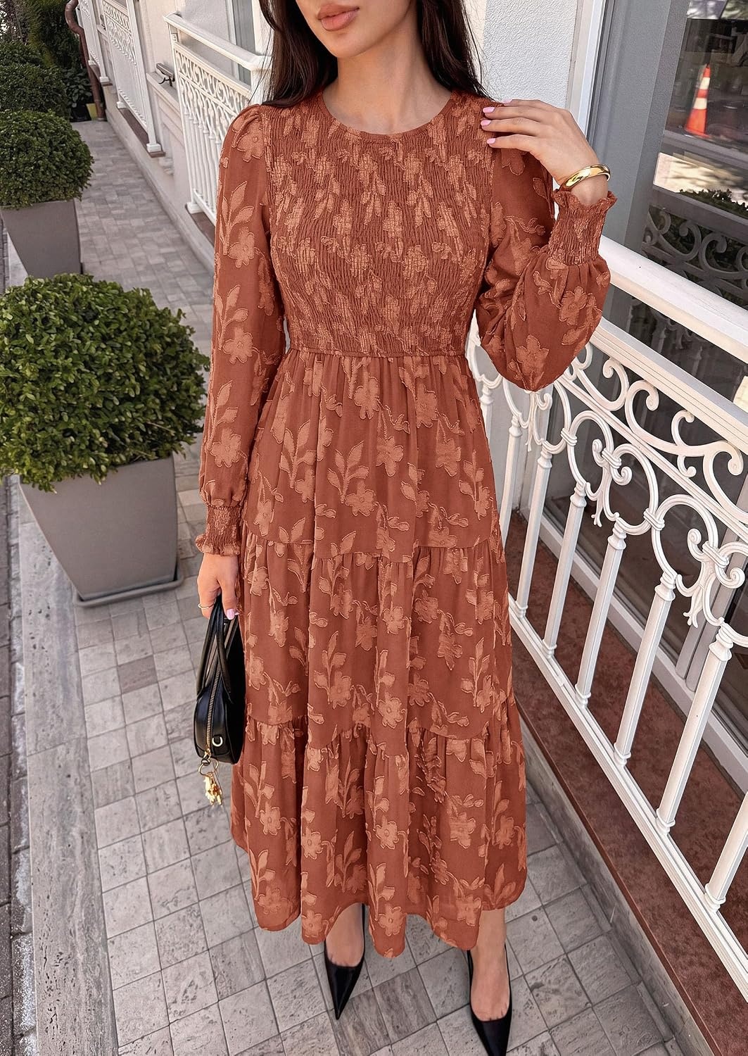 image:imagePRETTYGARDEN Fall Floral Long Sleeve Wedding Guest Dress for Women Pockets Casual Textured Jacquard Smocked High Waist Aline Boho Flowy Midi Dress Semi Formal Cocktail Dresses for Women 2026Orange