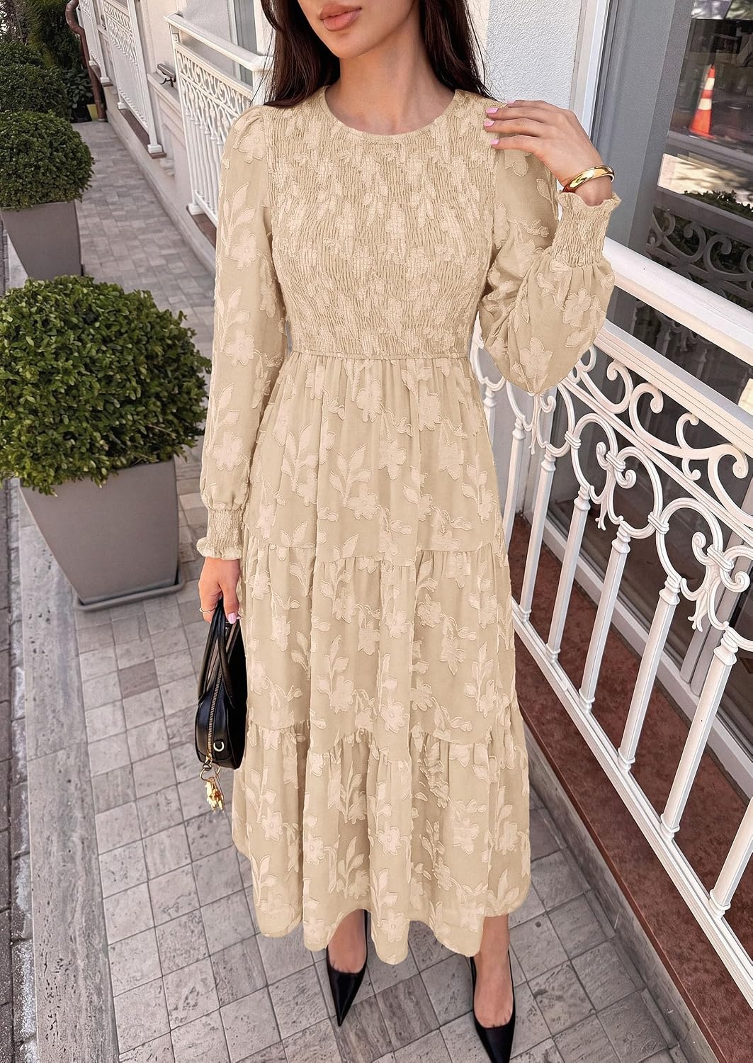 image:imagePRETTYGARDEN Fall Floral Long Sleeve Wedding Guest Dress for Women Pockets Casual Textured Jacquard Smocked High Waist Aline Boho Flowy Midi Dress Semi Formal Cocktail Dresses for Women 2026Khaki