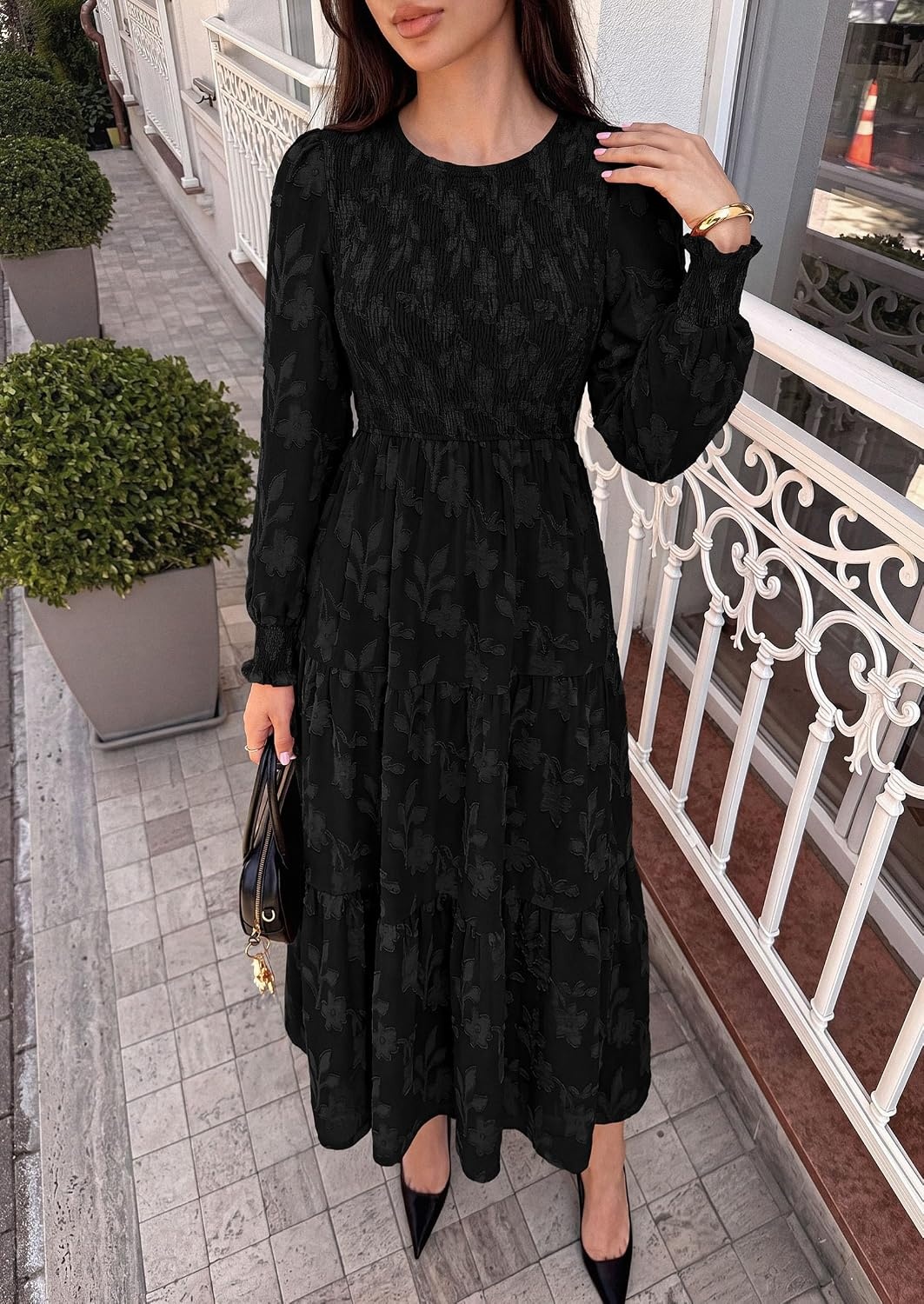 image:imagePRETTYGARDEN Fall Floral Long Sleeve Wedding Guest Dress for Women Pockets Casual Textured Jacquard Smocked High Waist Aline Boho Flowy Midi Dress Semi Formal Cocktail Dresses for Women 2026Black