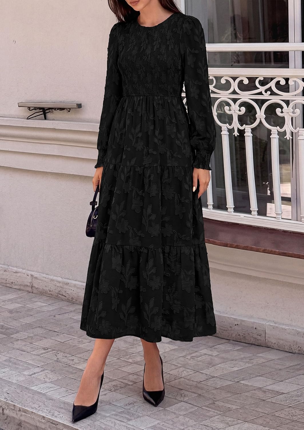 image:imagePRETTYGARDEN Fall Floral Long Sleeve Wedding Guest Dress for Women Pockets Casual Textured Jacquard Smocked High Waist Aline Boho Flowy Midi Dress Semi Formal Cocktail Dresses for Women 2026Black