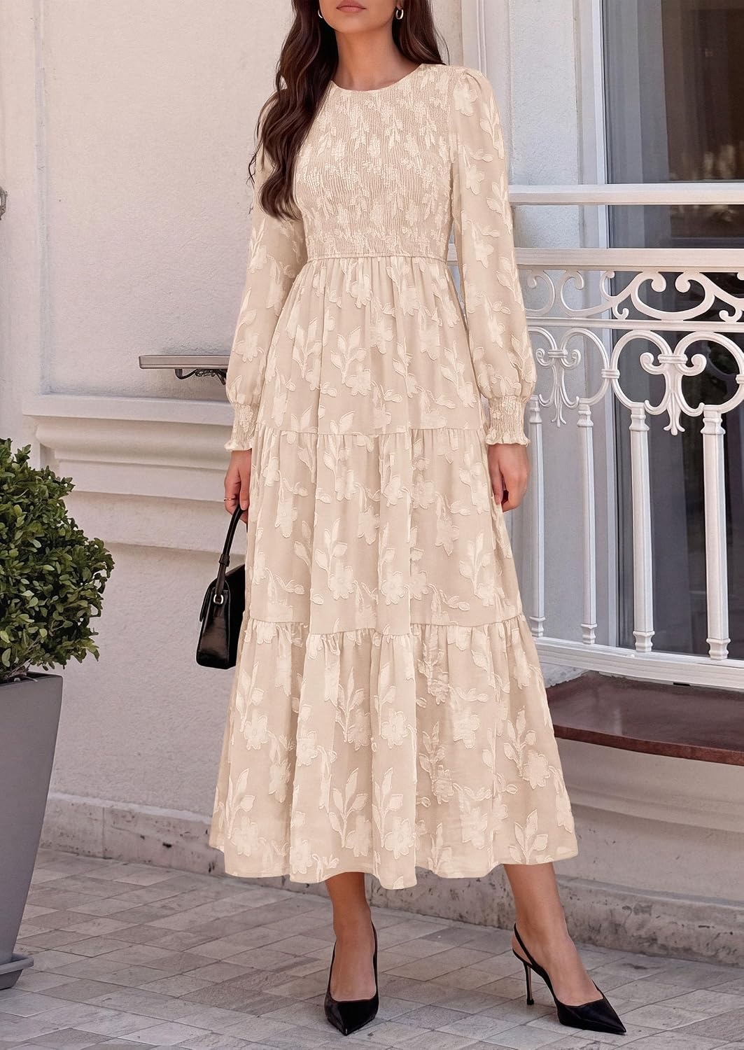image:imagePRETTYGARDEN Fall Floral Long Sleeve Wedding Guest Dress for Women Pockets Casual Textured Jacquard Smocked High Waist Aline Boho Flowy Midi Dress Semi Formal Cocktail Dresses for Women 2026Beige