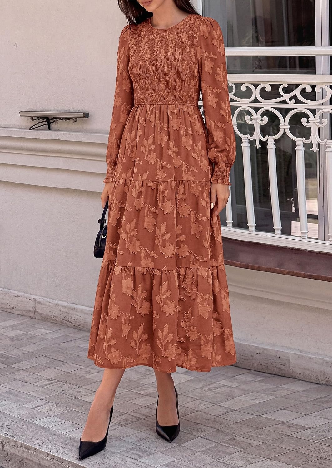 image:imagePRETTYGARDEN Fall Floral Long Sleeve Wedding Guest Dress for Women Pockets Casual Textured Jacquard Smocked High Waist Aline Boho Flowy Midi Dress Semi Formal Cocktail Dresses for Women 2026Orange