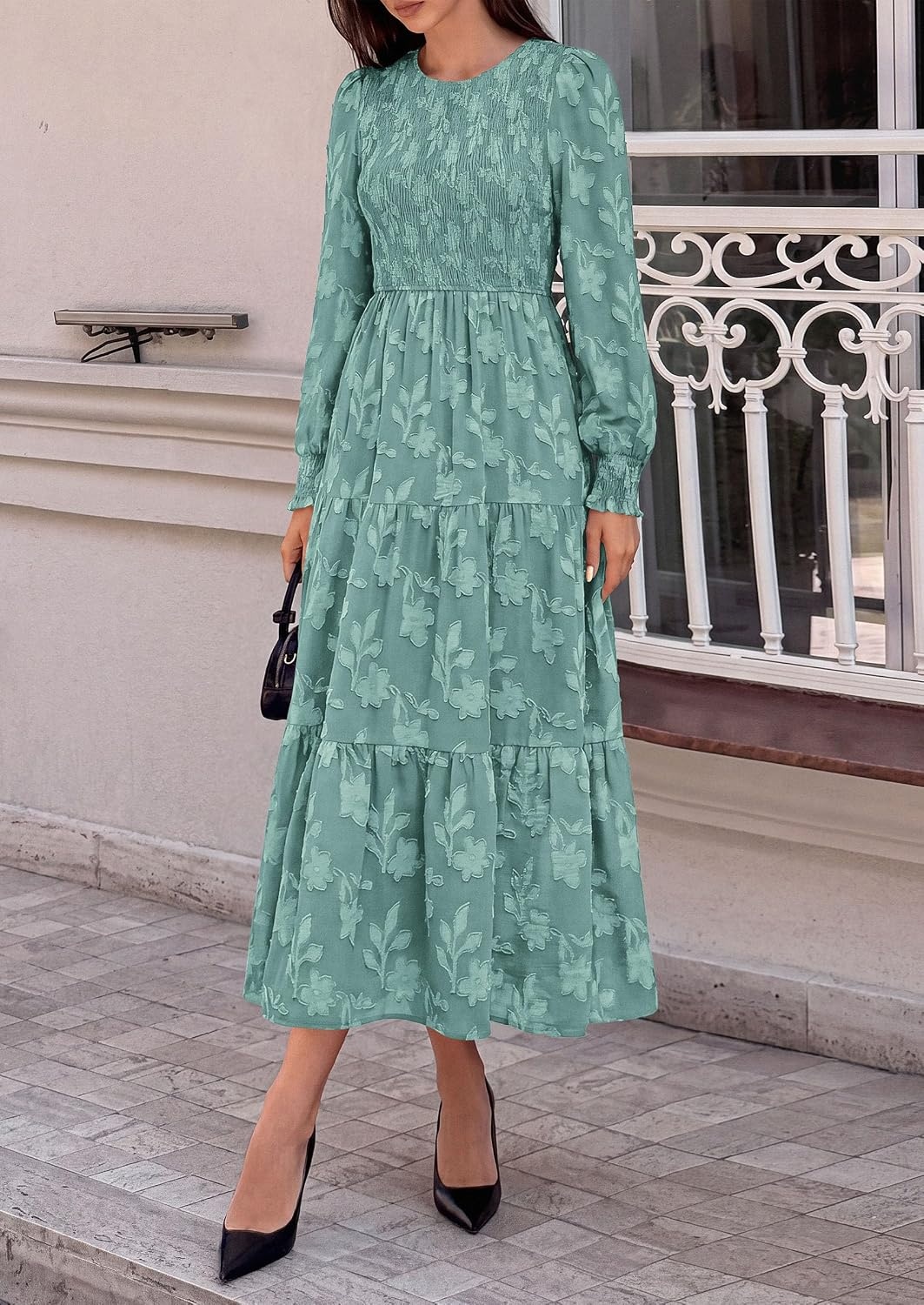 image:imagePRETTYGARDEN Fall Floral Long Sleeve Wedding Guest Dress for Women Pockets Casual Textured Jacquard Smocked High Waist Aline Boho Flowy Midi Dress Semi Formal Cocktail Dresses for Women 2026Grey Green