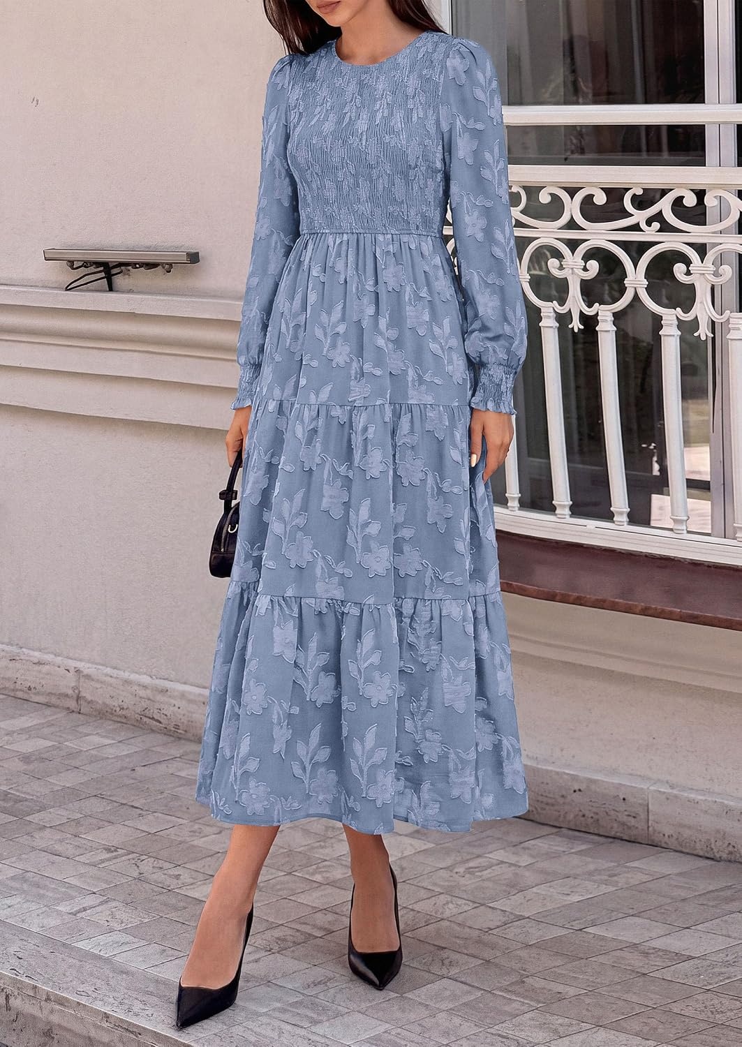 image:imagePRETTYGARDEN Fall Floral Long Sleeve Wedding Guest Dress for Women Pockets Casual Textured Jacquard Smocked High Waist Aline Boho Flowy Midi Dress Semi Formal Cocktail Dresses for Women 2026Grey Blue