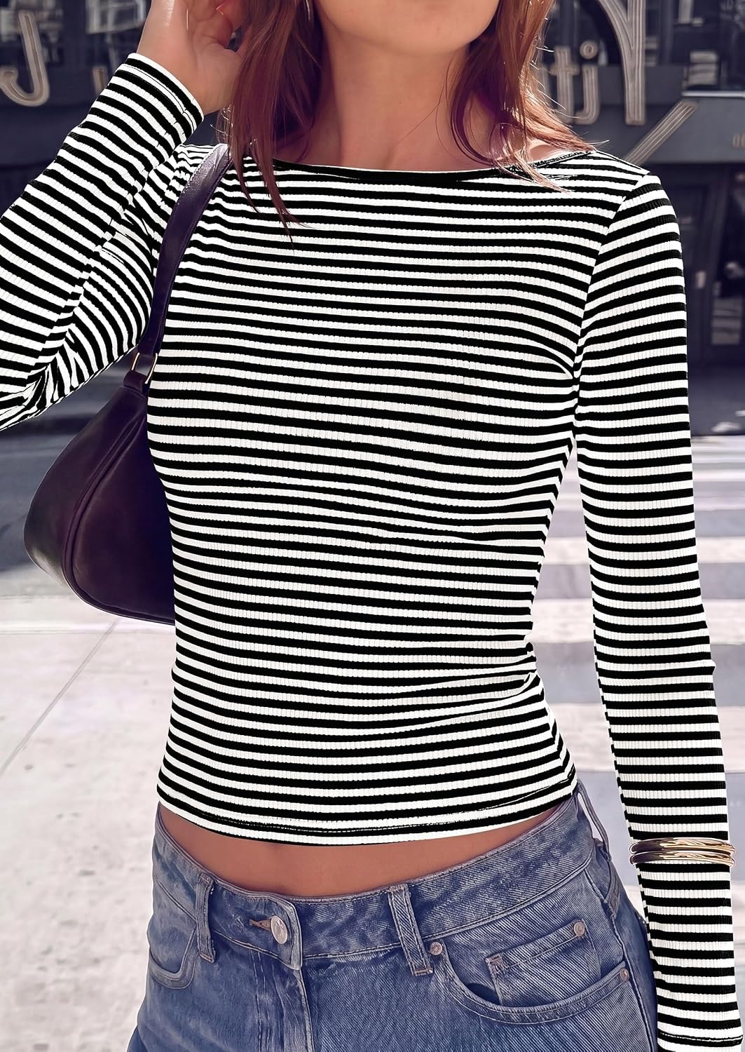image:imagePRETTYGARDEN Long Sleeve Striped Shirts for Women Soft Ribbed Knit Y2k TshirtSlim Fit LayeringCute TopsBasic TeeBusiness Casual Outfits2026 Spring Fall Trendy ClothesStriped Black White