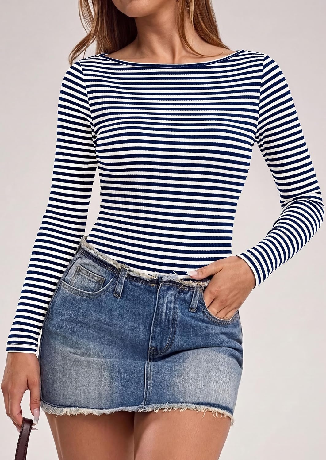 image:imagePRETTYGARDEN Long Sleeve Striped Shirts for Women Soft Ribbed Knit Y2k TshirtSlim Fit LayeringCute TopsBasic TeeBusiness Casual Outfits2026 Spring Fall Trendy ClothesStriped Navy White