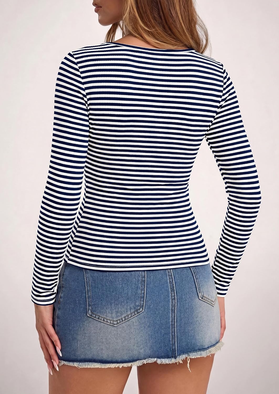 image:imagePRETTYGARDEN Long Sleeve Striped Shirts for Women Soft Ribbed Knit Y2k TshirtSlim Fit LayeringCute TopsBasic TeeBusiness Casual Outfits2026 Spring Fall Trendy ClothesStriped Navy White