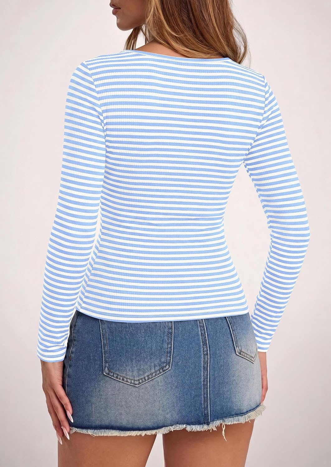image:imagePRETTYGARDEN Long Sleeve Striped Shirts for Women Soft Ribbed Knit Y2k TshirtSlim Fit LayeringCute TopsBasic TeeBusiness Casual Outfits2026 Spring Fall Trendy ClothesStriped Light Blue White